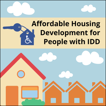 Affordable Housing Development for People with IDD. Set of keys with the international symbol of accessibility. A series of houses in a row under a blue sky.
										